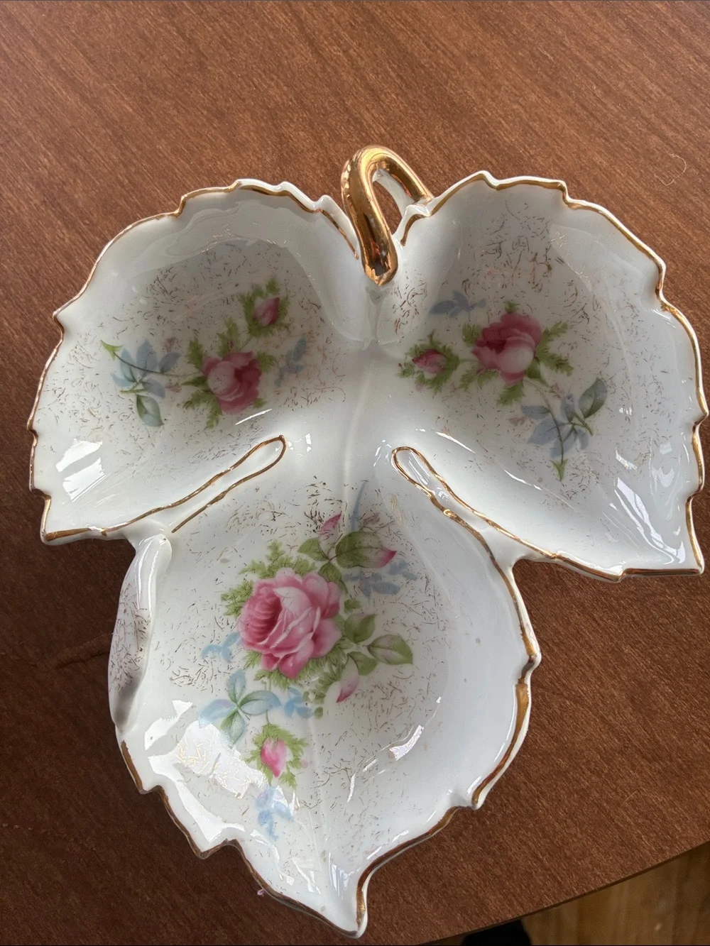Vintage Floral Triple Dish - Pink Rose Porcelain with Gold Trim